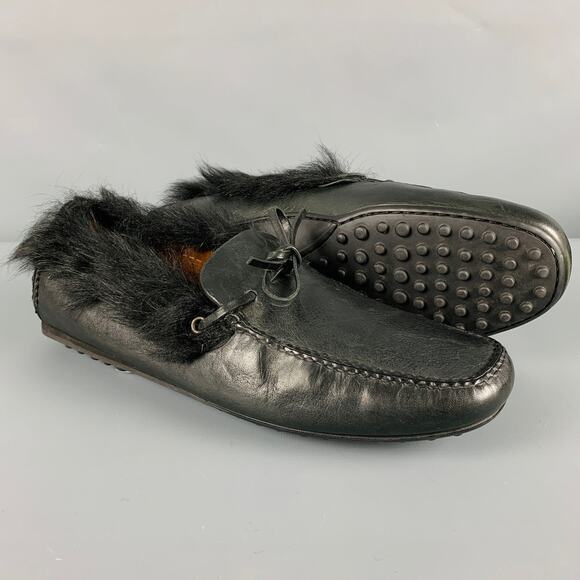 CAR SHOE Size 8 Black Leather Fur Trim Drivers Loafers